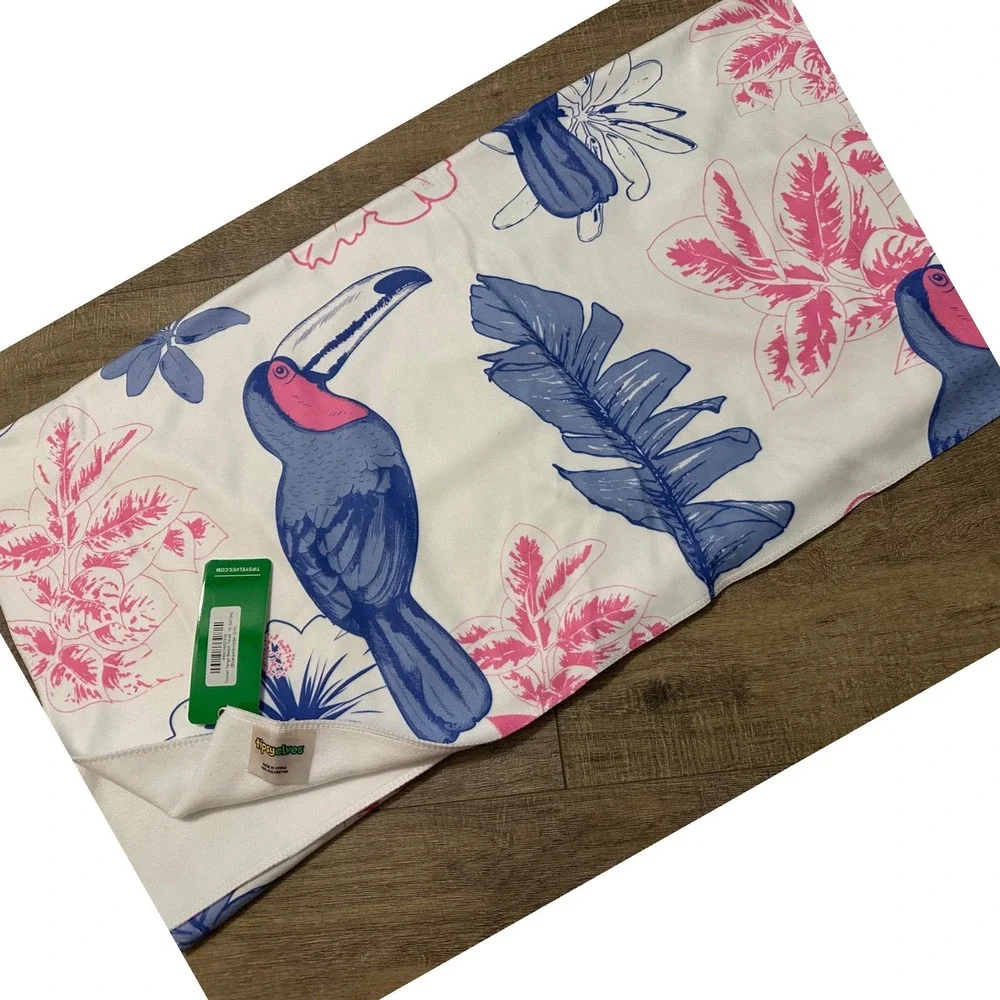 Tipsy Elves Toucan Tango Beach Towel Blue Pink White Tropical Floral 30x60  NEW
